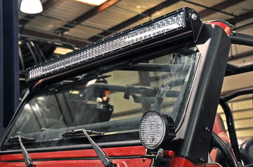 Upper Windshield 50in LED Light Bar Mounting Brackets (Black Powder Coat) Installed